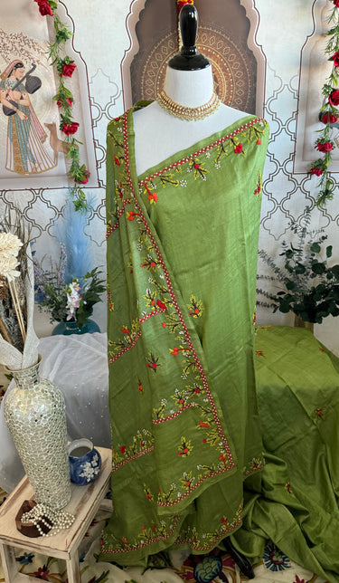 Lightweight Tribal Lambani Embroidery Pure Tussar Silk Saree | Light Moss Green | Hand Embroidery | Ships from California